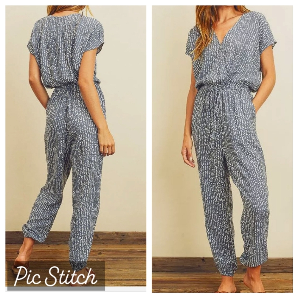Dress Forum harem Pebble Print V-neck jumpsuit drop crotch Blue & white Size Med